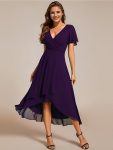 Ruffles Sleeve Pleated V-Neck A-Line Midi Chiffon Wedding Guest Dress – Dark Purple