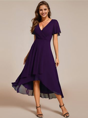 Ruffles Sleeve Pleated V-Neck A-Line Midi Chiffon Wedding Guest Dress - Dark Purple