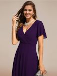 Ruffles Sleeve Pleated V-Neck A-Line Midi Chiffon Wedding Guest Dress – Dark Purple