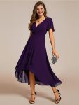 Ruffles Sleeve Pleated V-Neck A-Line Midi Chiffon Wedding Guest Dress – Dark Purple