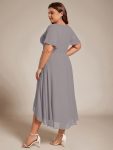 Ruffles Sleeve Pleated V-Neck A-Line Midi Chiffon Wedding Guest Dress – Grey