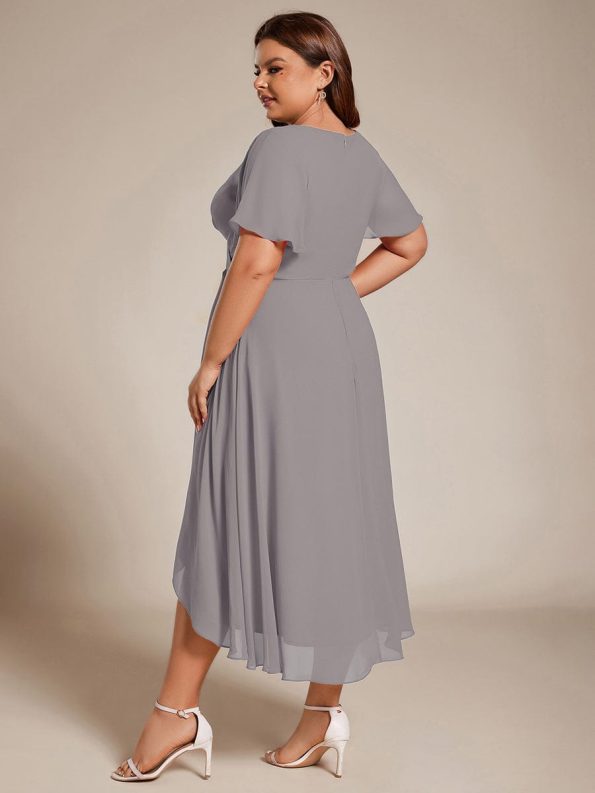 Ruffles Sleeve Pleated V-Neck A-Line Midi Chiffon Wedding Guest Dress - Grey