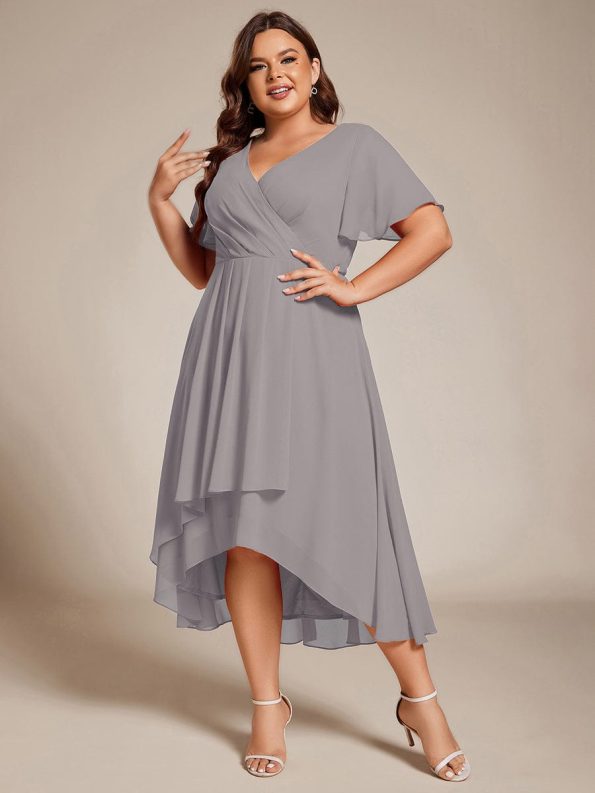 Ruffles Sleeve Pleated V-Neck A-Line Midi Chiffon Wedding Guest Dress - Grey