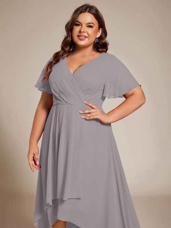 Ruffles Sleeve Pleated V-Neck A-Line Midi Chiffon Wedding Guest Dress - Grey