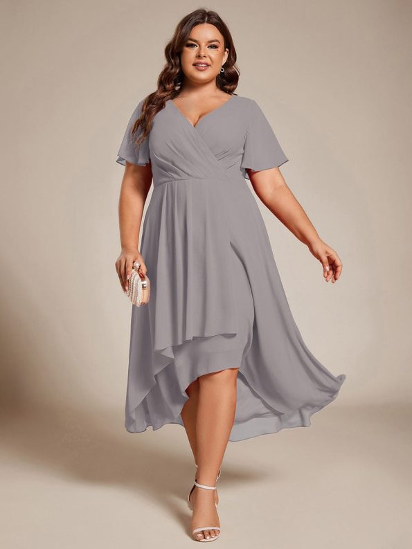 Ruffles Sleeve Pleated V-Neck A-Line Midi Chiffon Wedding Guest Dress - Grey