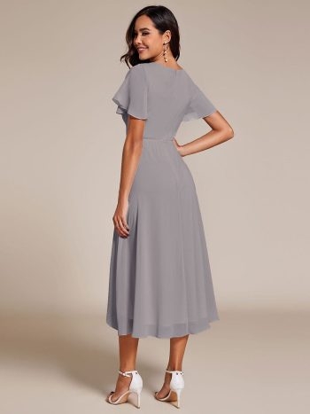 Ruffles Sleeve Pleated V-Neck A-Line Midi Chiffon Wedding Guest Dress - Grey