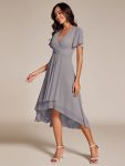 Ruffles Sleeve Pleated V-Neck A-Line Midi Chiffon Wedding Guest Dress – Grey