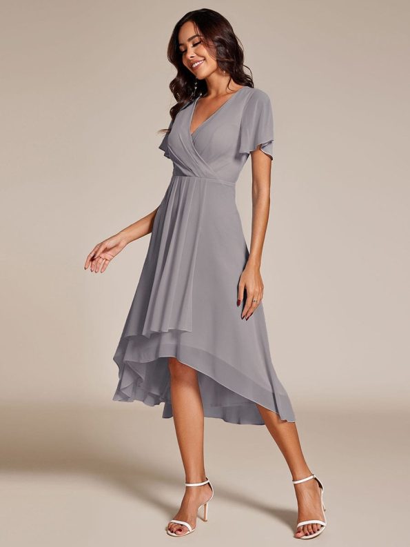 Ruffles Sleeve Pleated V-Neck A-Line Midi Chiffon Wedding Guest Dress - Grey