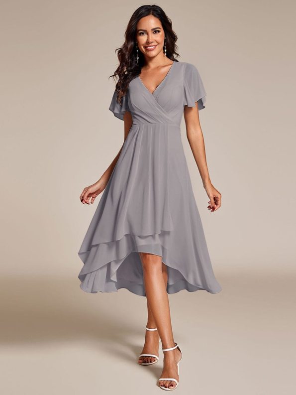 Ruffles Sleeve Pleated V-Neck A-Line Midi Chiffon Wedding Guest Dress - Grey