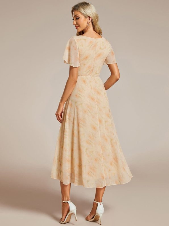 Ruffles Sleeve Pleated V-Neck A-Line Midi Chiffon Wedding Guest Dress - Golden Roses