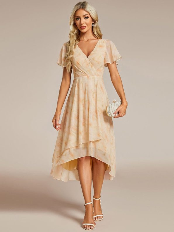 Ruffles Sleeve Pleated V-Neck A-Line Midi Chiffon Wedding Guest Dress - Golden Roses