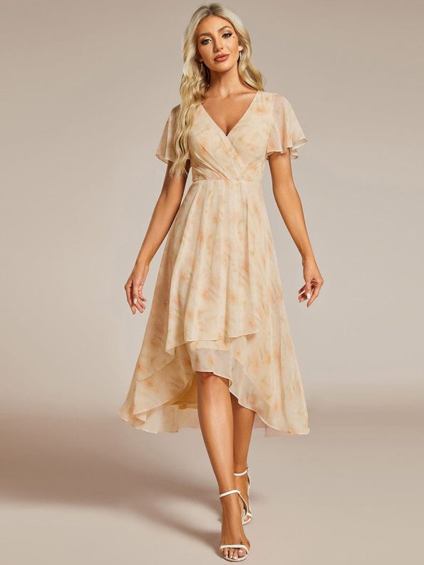 Ruffles Sleeve Pleated V-Neck A-Line Midi Chiffon Wedding Guest Dress - Golden Roses