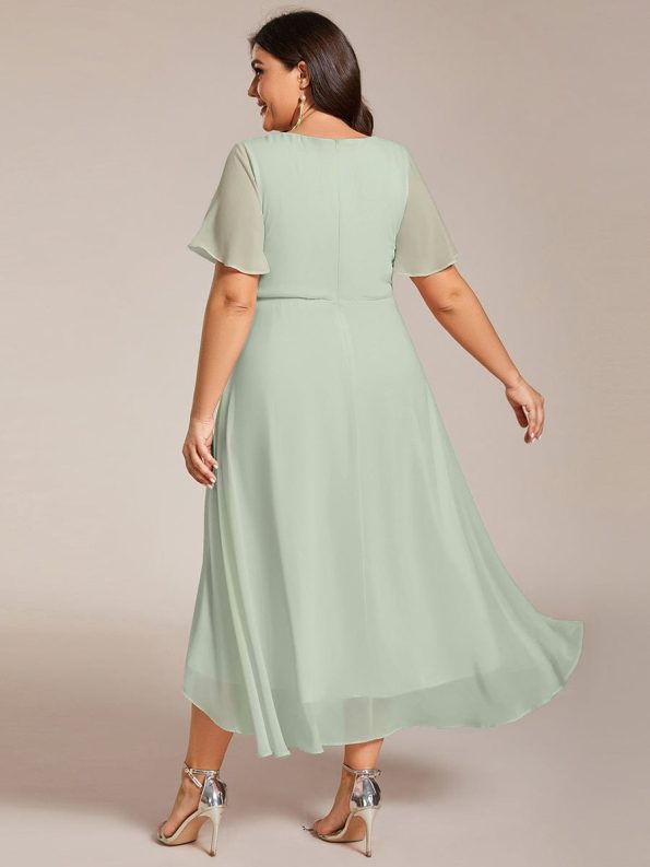 Ruffles Sleeve Pleated V-Neck A-Line Midi Chiffon Wedding Guest Dress - Mint Green