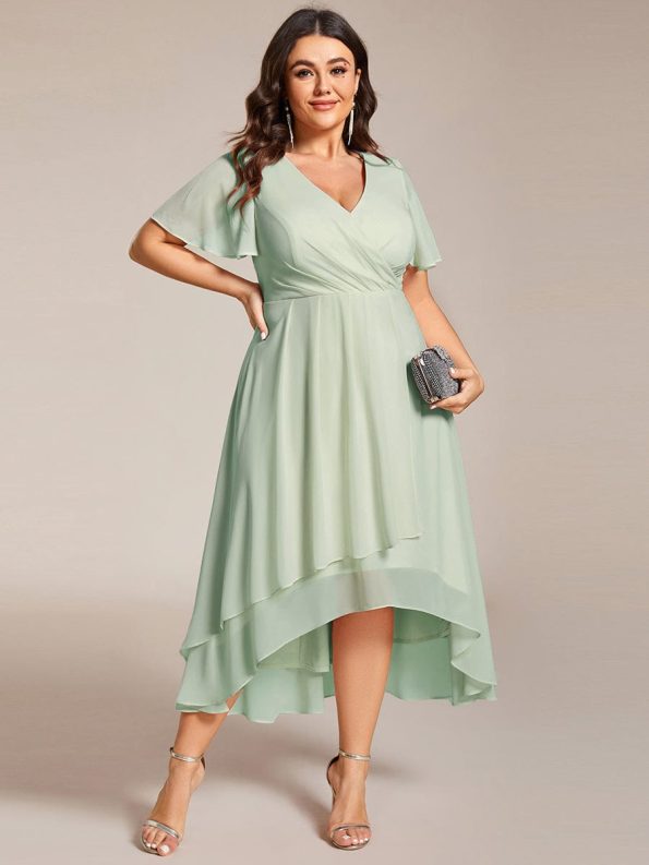 Ruffles Sleeve Pleated V-Neck A-Line Midi Chiffon Wedding Guest Dress - Mint Green