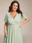 Ruffles Sleeve Pleated V-Neck A-Line Midi Chiffon Wedding Guest Dress – Mint Green