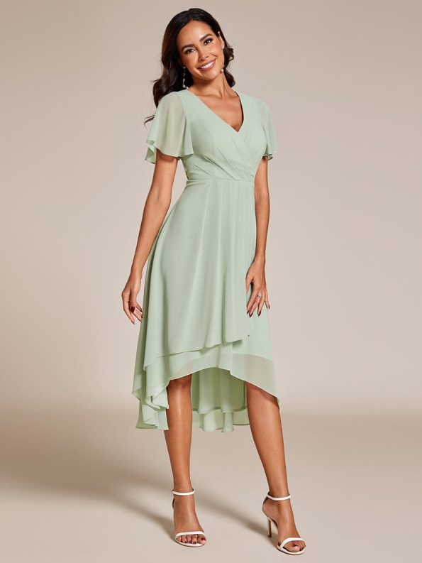 Ruffles Sleeve Pleated V-Neck A-Line Midi Chiffon Wedding Guest Dress - Mint Green