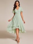 Ruffles Sleeve Pleated V-Neck A-Line Midi Chiffon Wedding Guest Dress – Mint Green