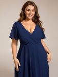 Ruffles Sleeve Pleated V-Neck A-Line Midi Chiffon Wedding Guest Dress – Navy Blue