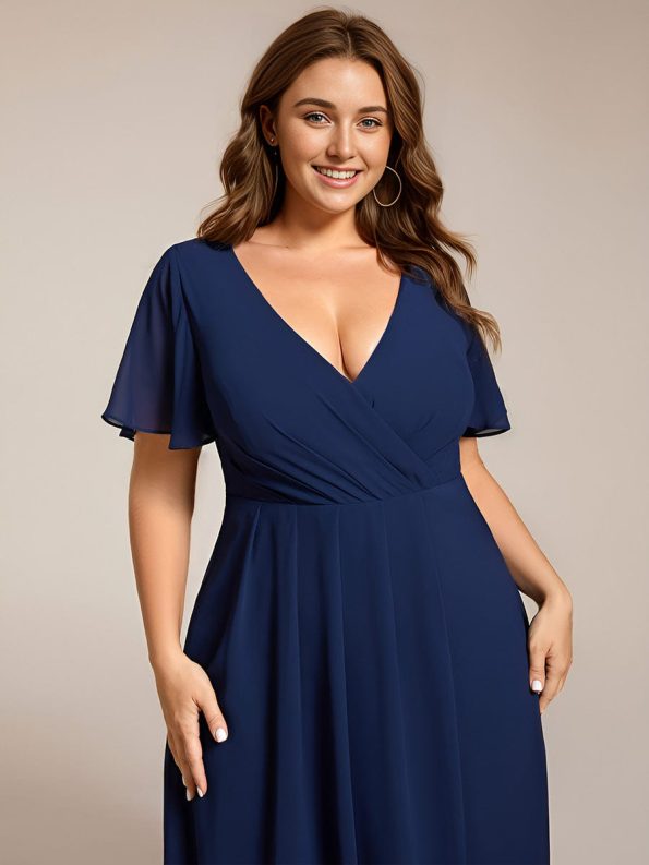 Ruffles Sleeve Pleated V-Neck A-Line Midi Chiffon Wedding Guest Dress - Navy Blue