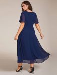 Ruffles Sleeve Pleated V-Neck A-Line Midi Chiffon Wedding Guest Dress – Navy Blue