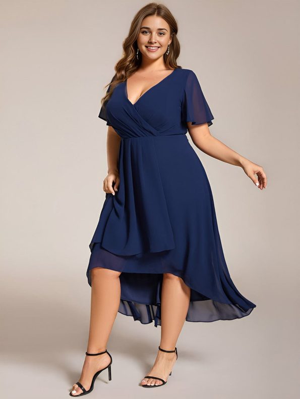 Ruffles Sleeve Pleated V-Neck A-Line Midi Chiffon Wedding Guest Dress - Navy Blue