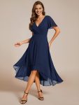 Ruffles Sleeve Pleated V-Neck A-Line Midi Chiffon Wedding Guest Dress – Navy Blue