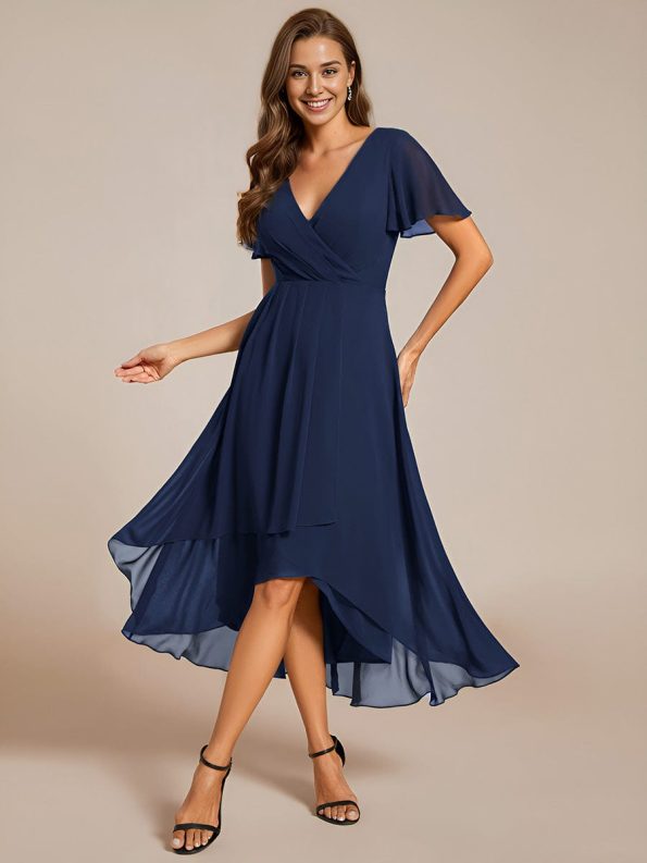 Ruffles Sleeve Pleated V-Neck A-Line Midi Chiffon Wedding Guest Dress - Navy Blue