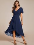 Ruffles Sleeve Pleated V-Neck A-Line Midi Chiffon Wedding Guest Dress – Navy Blue