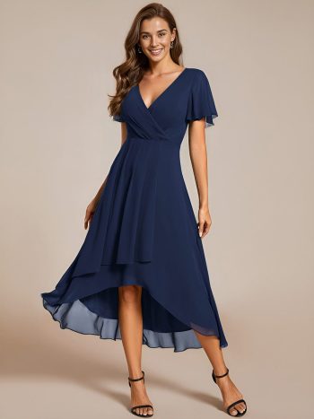 Ruffles Sleeve Pleated V-Neck A-Line Midi Chiffon Wedding Guest Dress - Navy Blue