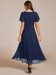 Ruffles Sleeve Pleated V-Neck A-Line Midi Chiffon Wedding Guest Dress – Navy Blue