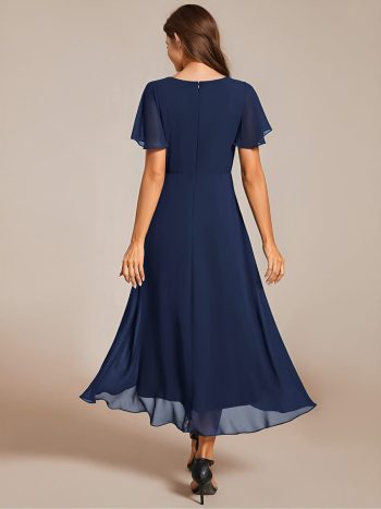 Ruffles Sleeve Pleated V-Neck A-Line Midi Chiffon Wedding Guest Dress - Navy Blue