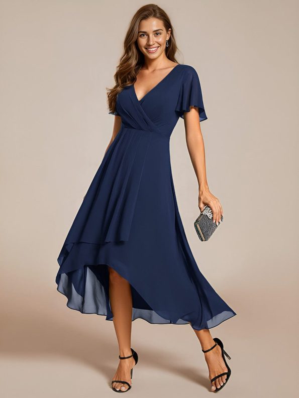 Ruffles Sleeve Pleated V-Neck A-Line Midi Chiffon Wedding Guest Dress - Navy Blue