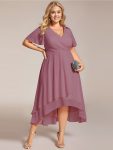 Ruffles Sleeve Pleated V-Neck A-Line Midi Chiffon Wedding Guest Dress – Purple Orchid