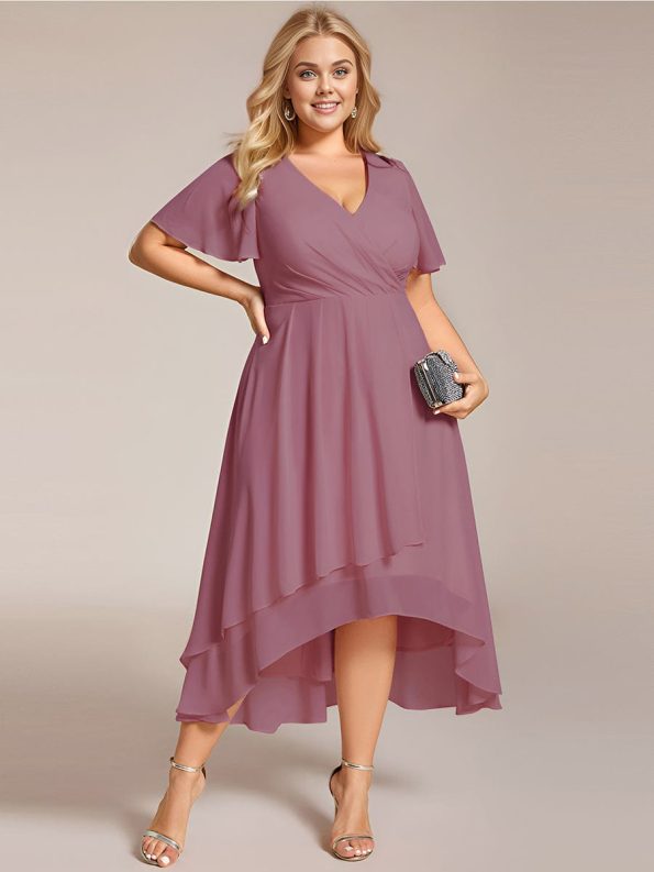 Ruffles Sleeve Pleated V-Neck A-Line Midi Chiffon Wedding Guest Dress - Purple Orchid