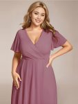 Ruffles Sleeve Pleated V-Neck A-Line Midi Chiffon Wedding Guest Dress – Purple Orchid