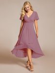 Ruffles Sleeve Pleated V-Neck A-Line Midi Chiffon Wedding Guest Dress – Purple Orchid