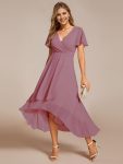 Ruffles Sleeve Pleated V-Neck A-Line Midi Chiffon Wedding Guest Dress – Purple Orchid