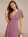 Ruffles Sleeve Pleated V-Neck A-Line Midi Chiffon Wedding Guest Dress – Purple Orchid