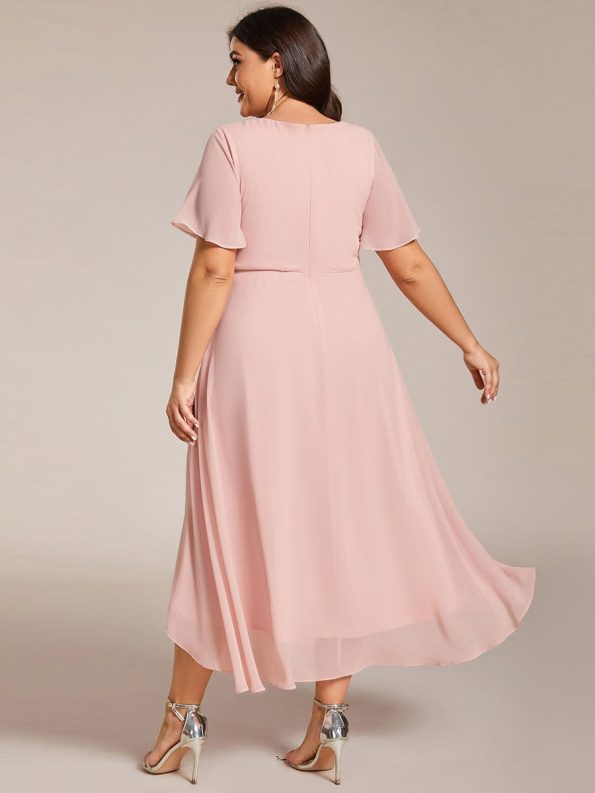 Ruffles Sleeve Pleated V-Neck A-Line Midi Chiffon Wedding Guest Dress - Pink