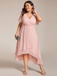 Ruffles Sleeve Pleated V-Neck A-Line Midi Chiffon Wedding Guest Dress – Pink