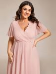 Ruffles Sleeve Pleated V-Neck A-Line Midi Chiffon Wedding Guest Dress – Pink