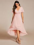 Ruffles Sleeve Pleated V-Neck A-Line Midi Chiffon Wedding Guest Dress – Pink