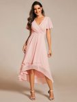 Ruffles Sleeve Pleated V-Neck A-Line Midi Chiffon Wedding Guest Dress – Pink