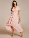 Ruffles Sleeve Pleated V-Neck A-Line Midi Chiffon Wedding Guest Dress – Pink