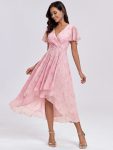 Ruffles Sleeve Pleated V-Neck A-Line Midi Chiffon Wedding Guest Dress – Light Purple Roses