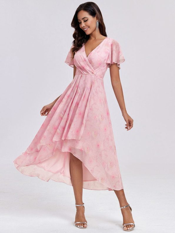 Ruffles Sleeve Pleated V-Neck A-Line Midi Chiffon Wedding Guest Dress - Light Purple Roses