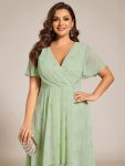 Ruffles Sleeve Pleated V-Neck A-Line Midi Chiffon Wedding Guest Dress – Light Green Roses