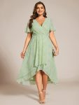 Ruffles Sleeve Pleated V-Neck A-Line Midi Chiffon Wedding Guest Dress – Light Green Roses