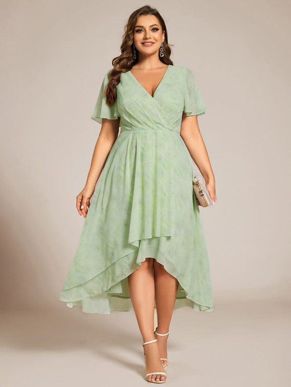 Ruffles Sleeve Pleated V-Neck A-Line Midi Chiffon Wedding Guest Dress - Light Green Roses