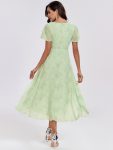 Ruffles Sleeve Pleated V-Neck A-Line Midi Chiffon Wedding Guest Dress – Light Green Roses